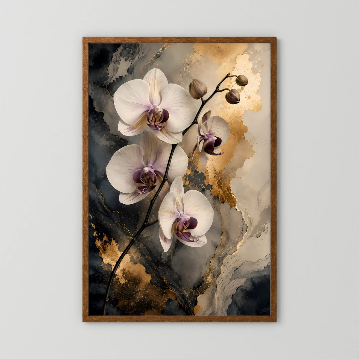 Weiße Orchideen mit Gold | Elegante Blüten auf Marmoroptik | Poster Hochformat