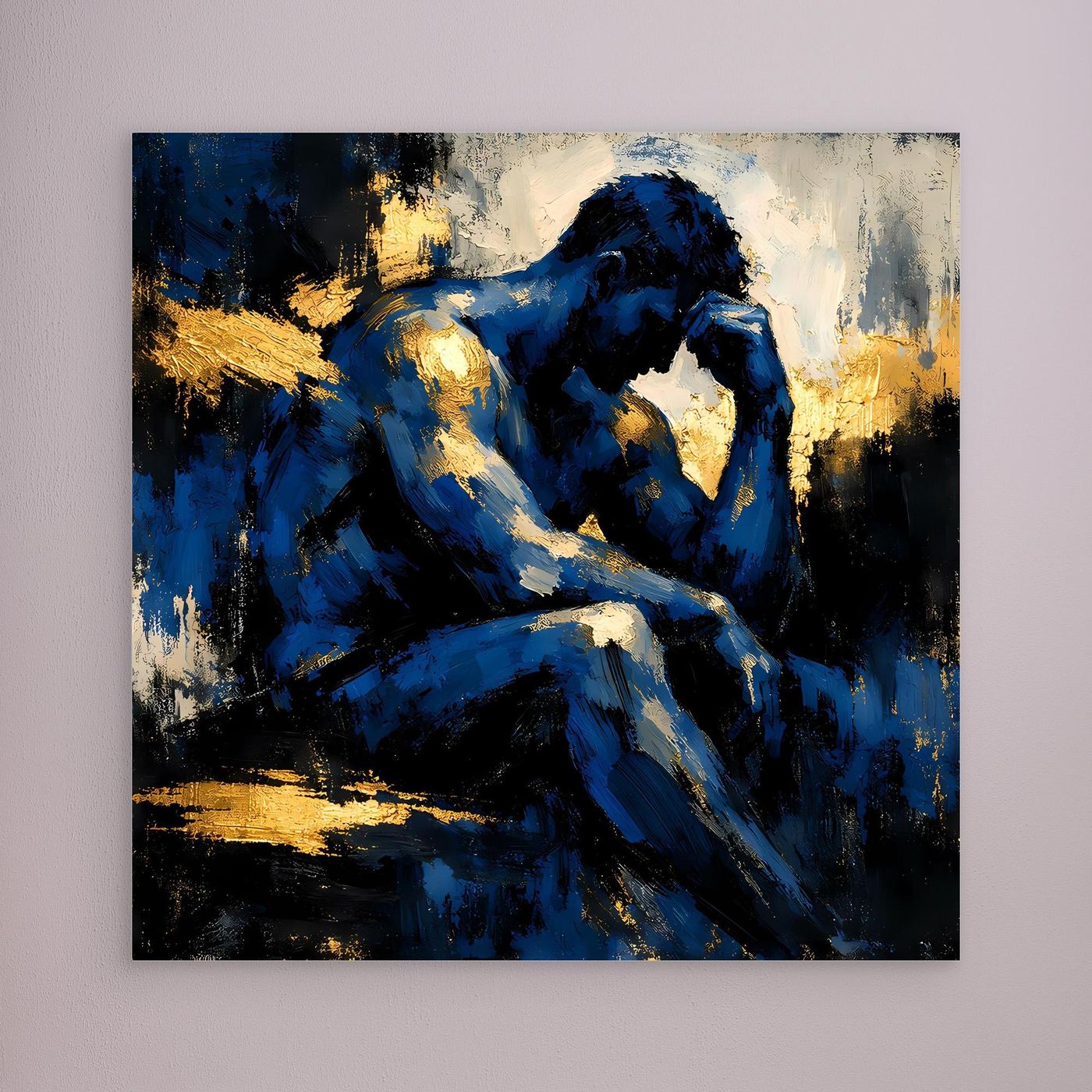 Leinwand Der Denker in Blau | Abstraktes Männersilhouette Wandbild Gold