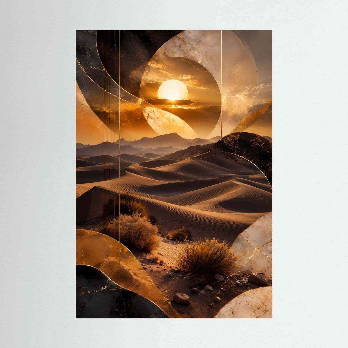 Hochformat-Poster mit goldener Wüstenlandschaft, Dünen und abstraktem Sonnenuntergang