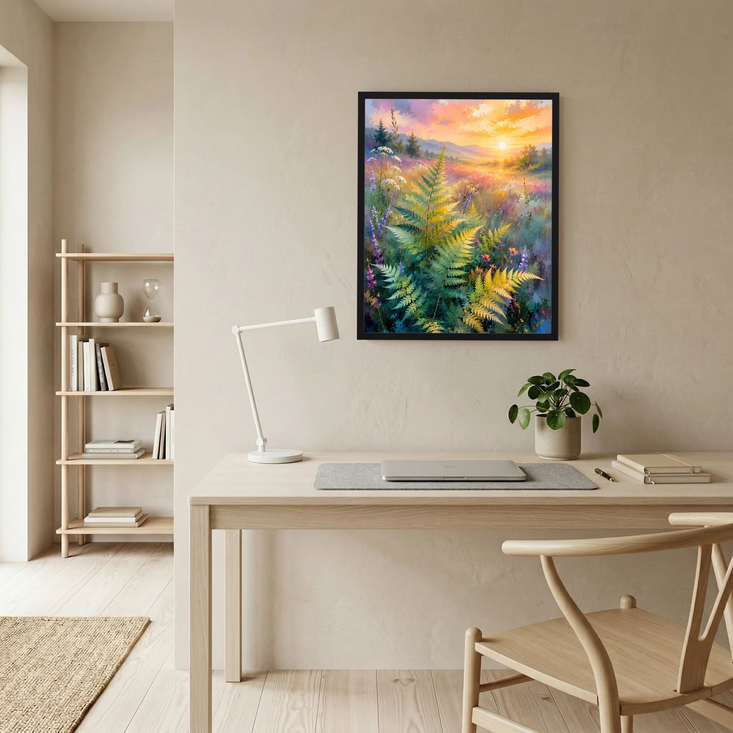 Gerahmtes Naturposter im Hochformat mit abstrakter Farnlandschaft in Pastellfarben, Sonnenaufgang