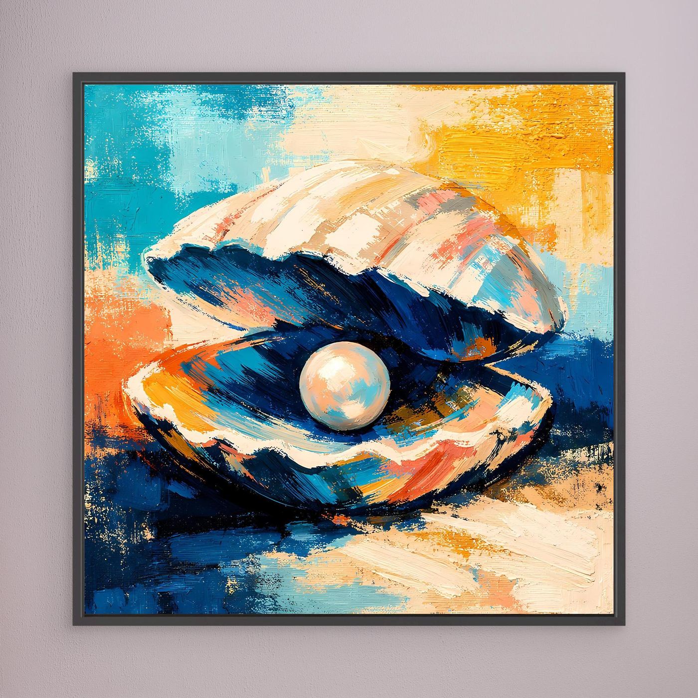 Black-framed abstract canvas wall art of seashell with pearl, blue, orange, and white paint.