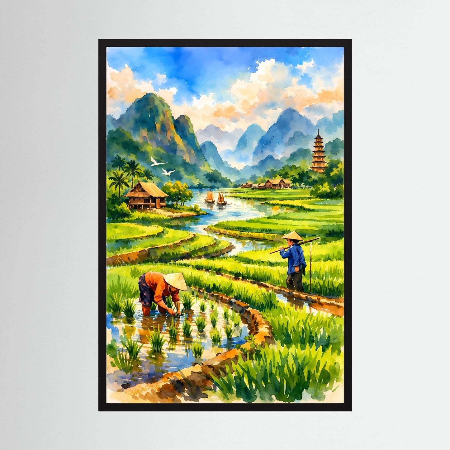 Hochformatiges Poster mit asiatischer Reisfeld-Landschaft, Pagode und Bauern am Bach