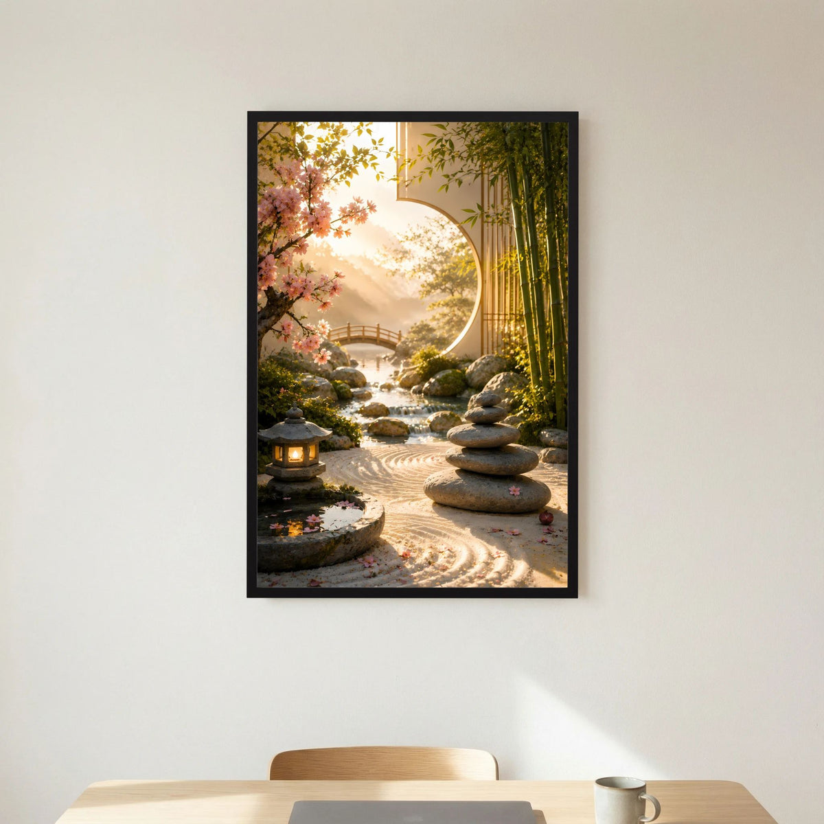 Hochformat-Poster Zen-Garten mit Bambus, Kirschblüten, Steinen und Laterne im schwarzen Rahmen