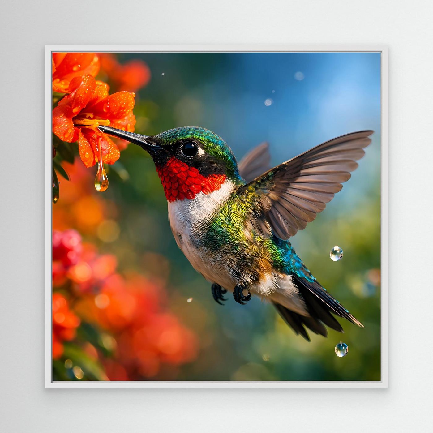 Leinwand Kolibri im Blütenrausch | Farbenfrohes Vogel Natur Wandbild