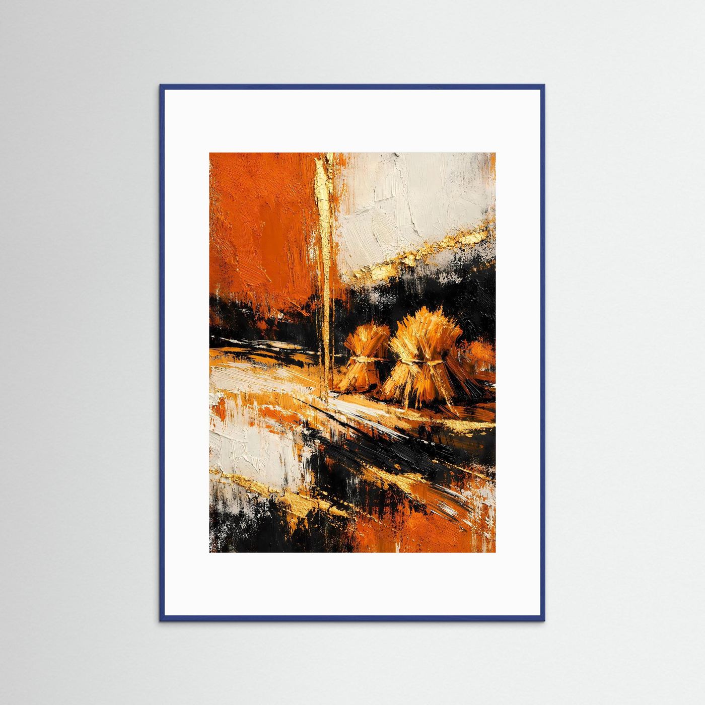Hochformatiges Kunstposter mit abstraktem Kornfeld: Gold, Terrakotta & Schwarz, blauer Rahmen