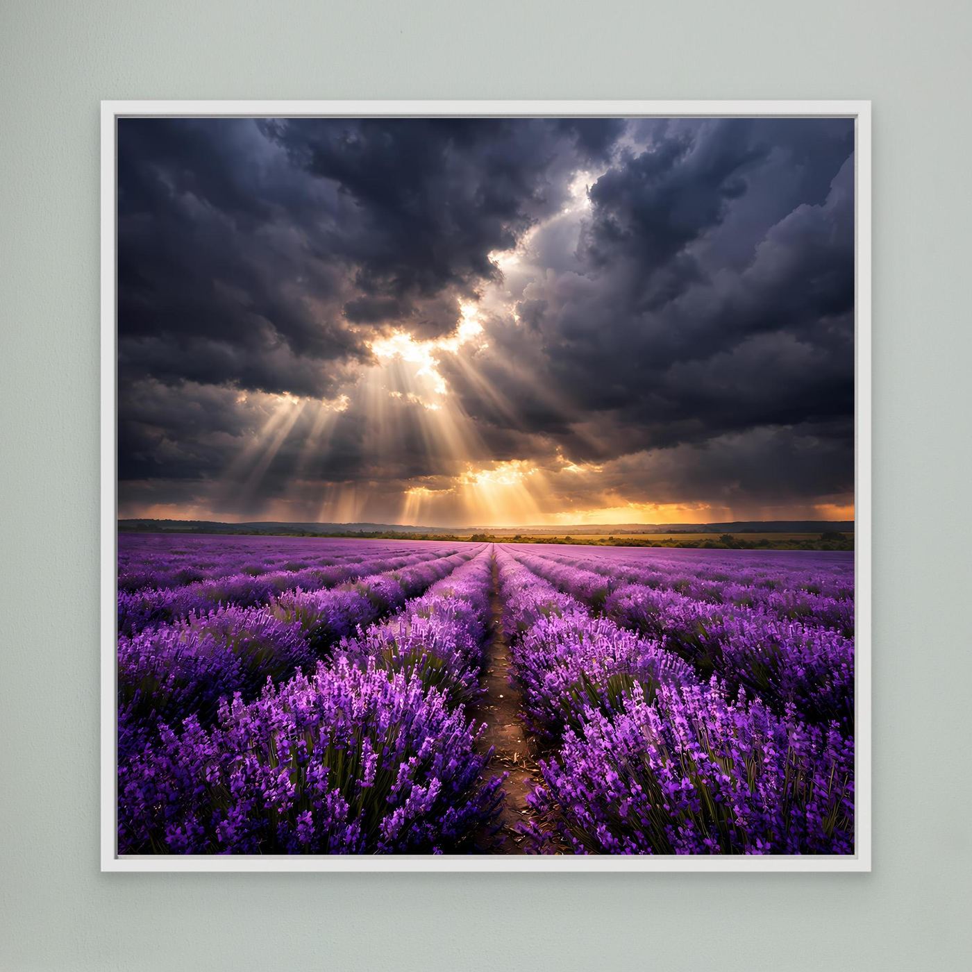 Leinwandbild mit lila Lavendelfeld, Lichtstrahlen durch Wolken, Sonnenuntergang; weißer Rahmen