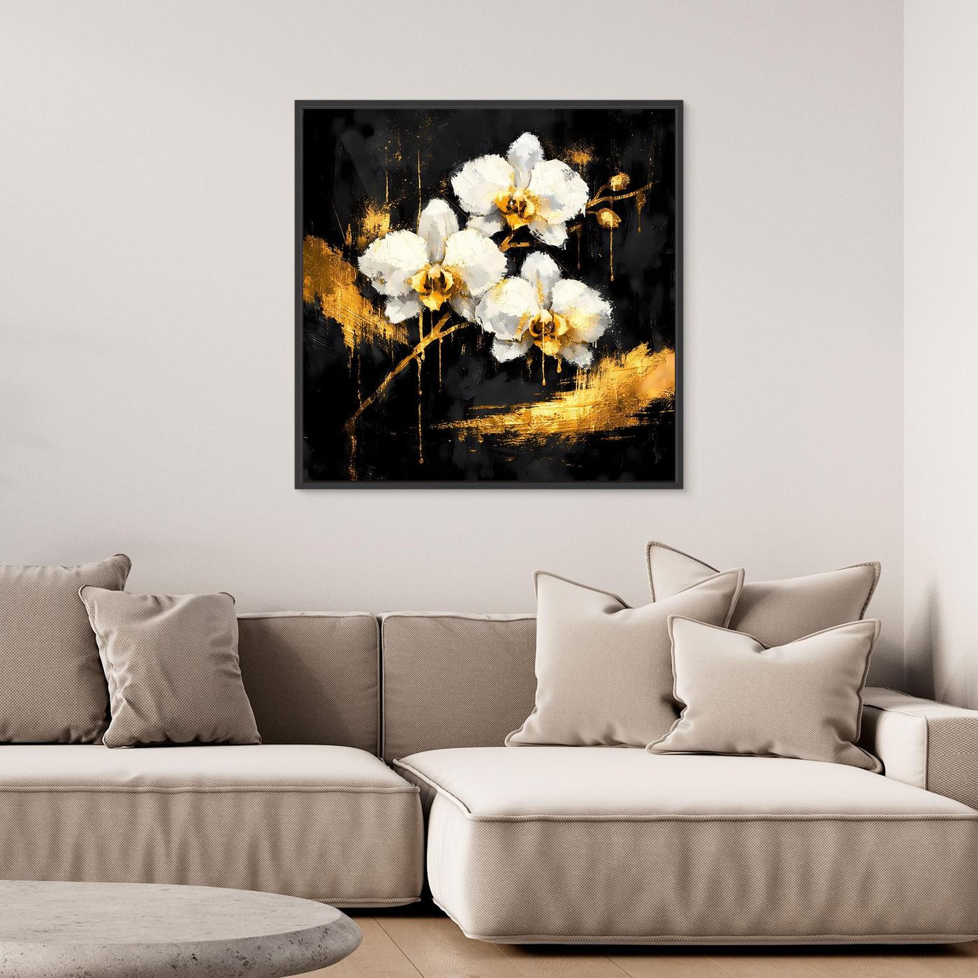 Leinwand Elegante Orchideen in Gold und Schwarz | Modernes Florales Luxus Wandbild