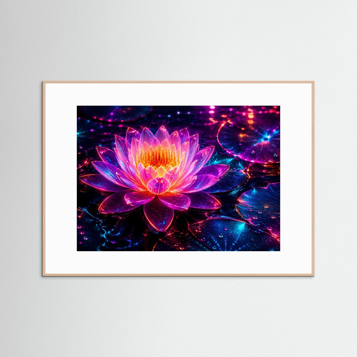Neon Lotus Poster | Leuchtende Lotusblüte Wandbild | Futuristische Wasserlilie | Pink Blau Fantasy Kunst | Moderne Wall Art