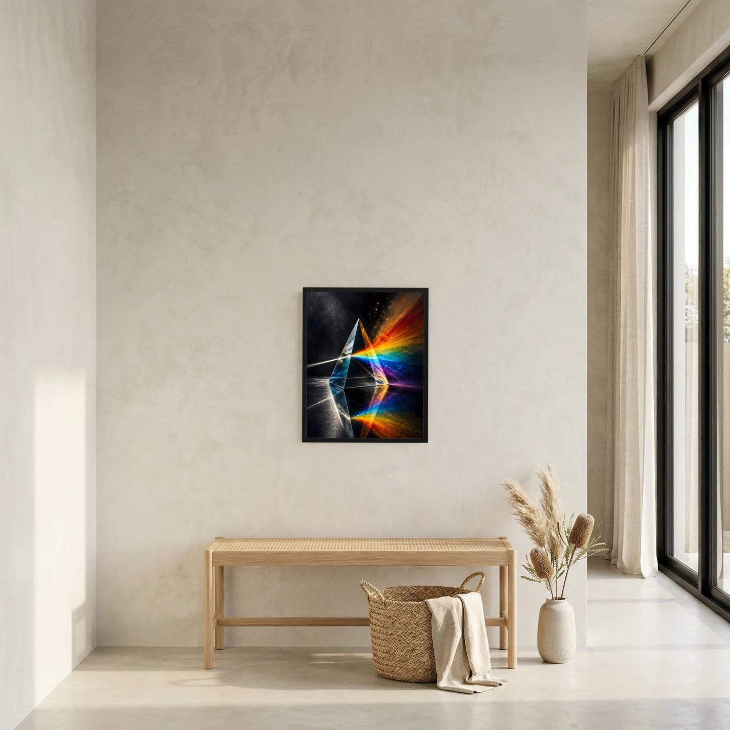 Wandposter im Hochformat mit Lichtprisma, Regenbogenverlauf und prismatischen Lichtstrahlen.