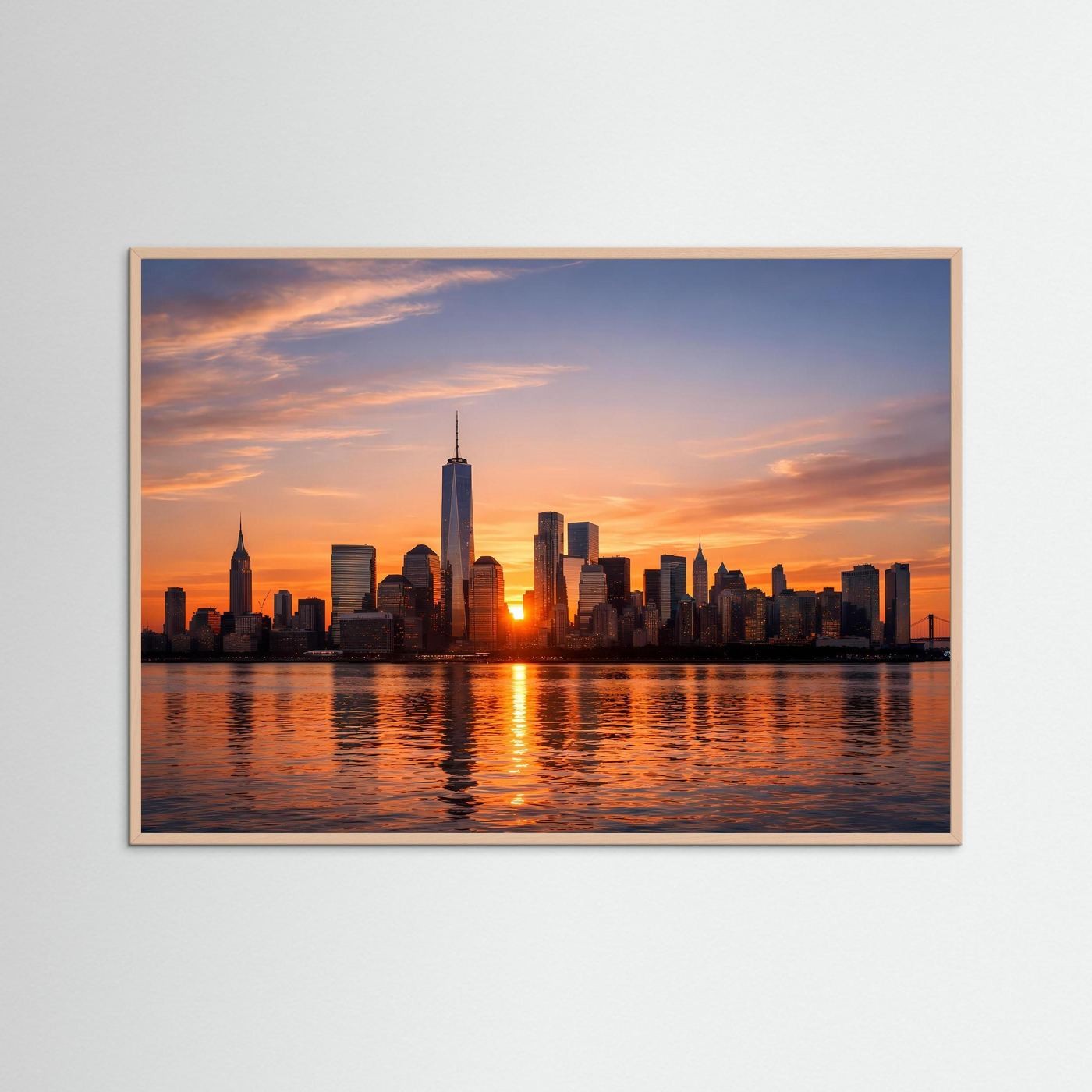 Gepanorama-Poster mit New-York-Skyline bei Sonnenuntergang, rechteckig gerahmt