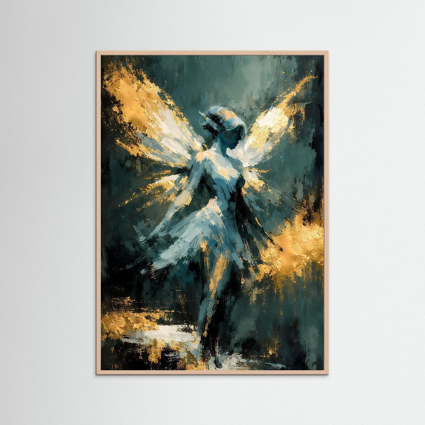 Abstraktes Ballett-Poster mit Engel-Ballerina und Flügeln in Salbeigrün und Gold, rosafarben gerahmt