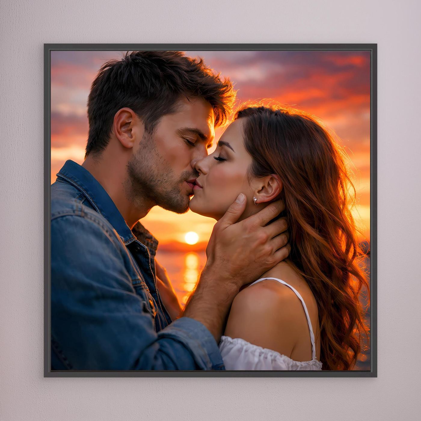 Leinwand Romantischer Kuss im Abendrot | Sinnliches Paar Wandbild