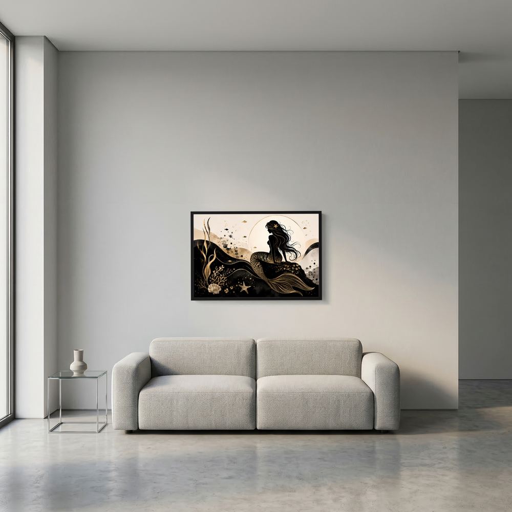 Gerahmtes Querformat-Poster mit Meerjungfrau-Silhouette in Schwarz und Gold, schwarzer Rahmen