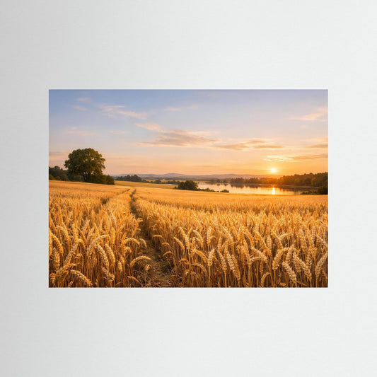 Natur-Print mit goldenem Weizenfeld am Seeufer im Querformat, ohne Rahmen