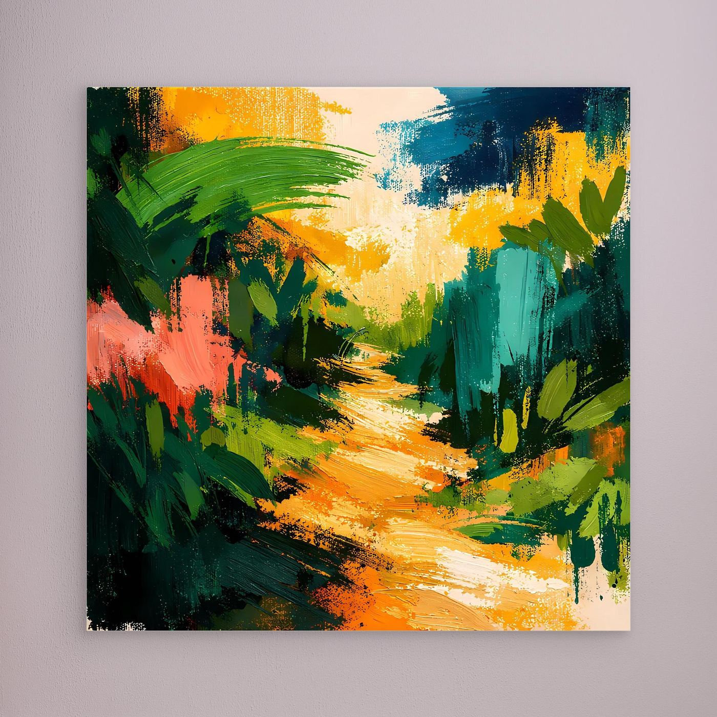 Abstract canvas wall art with colorful forest path strokes, unframed look