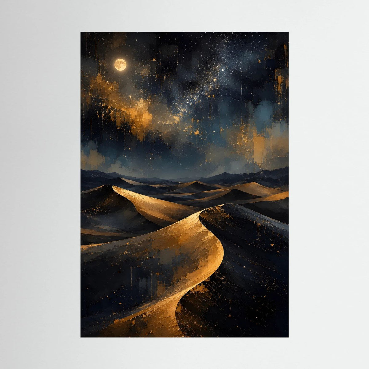 Hochformatiges Poster mit goldenen Dünen und Mond über abstrakten Nachtwolken