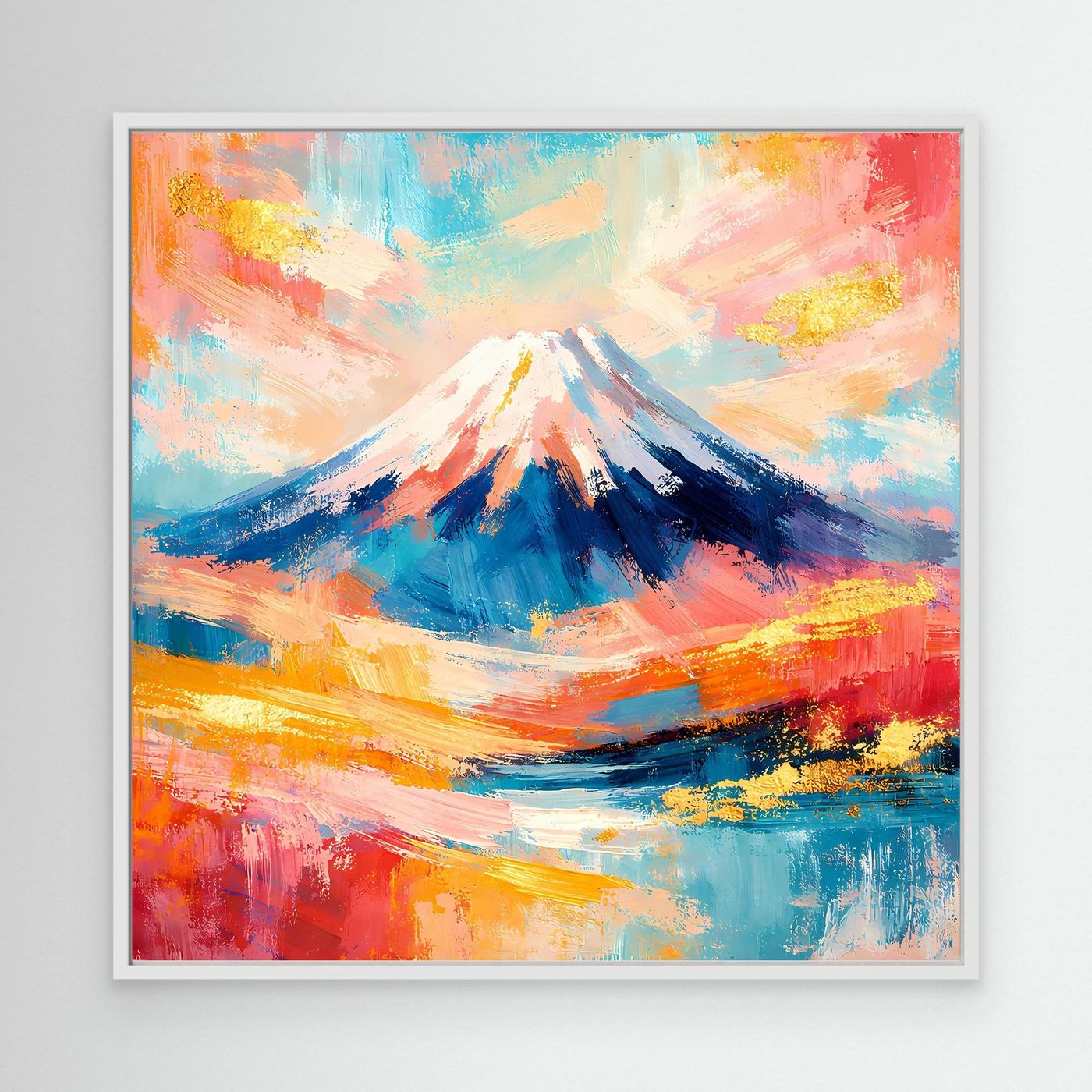 Gerahmtes abstraktes Leinwandbild Mount Fuji mit weißem Rahmen, buntes Bergmotiv
