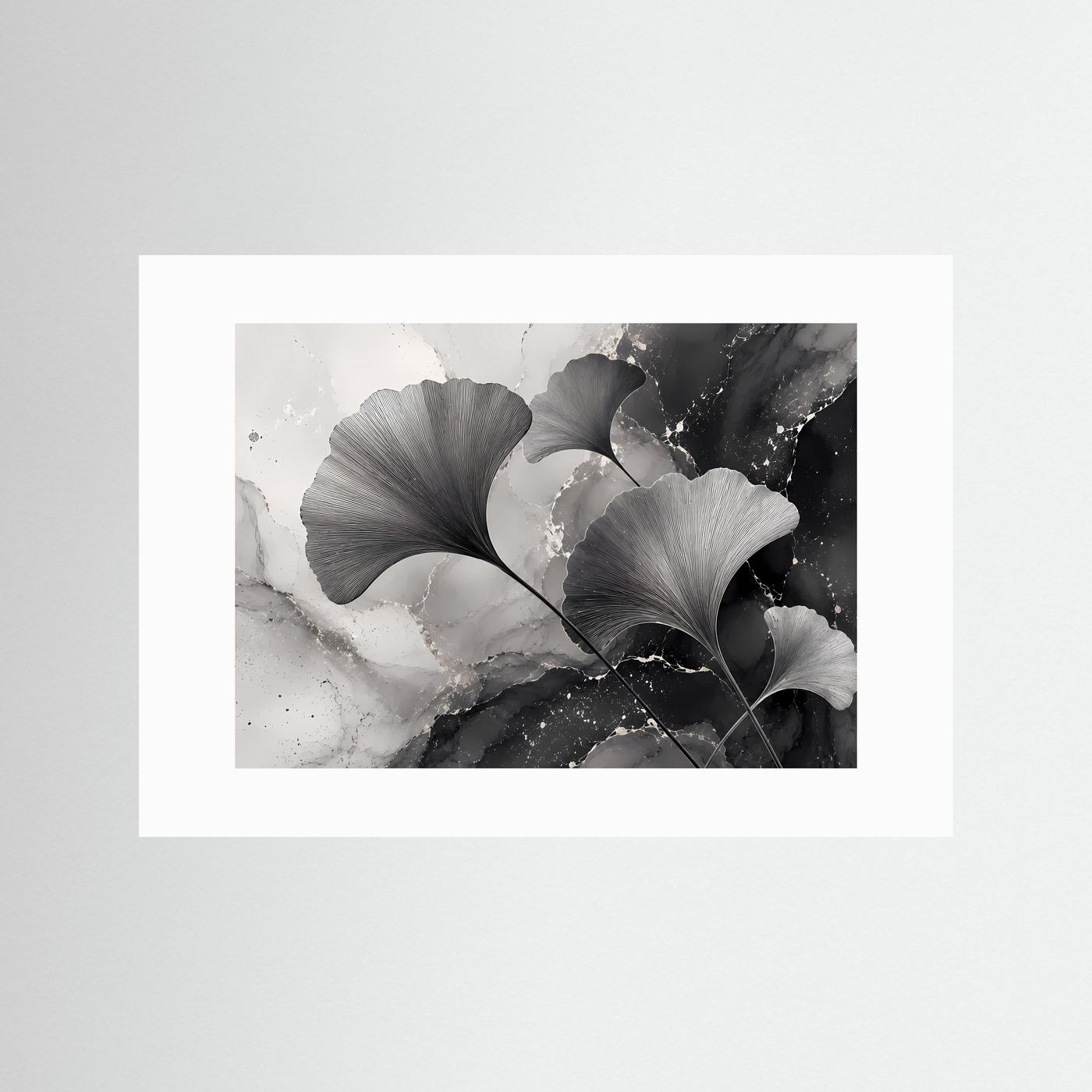 Ginkgo-Blätter Schwarz-Weiß | Modernes Botanisches Wandbild im minimalistischen Stil