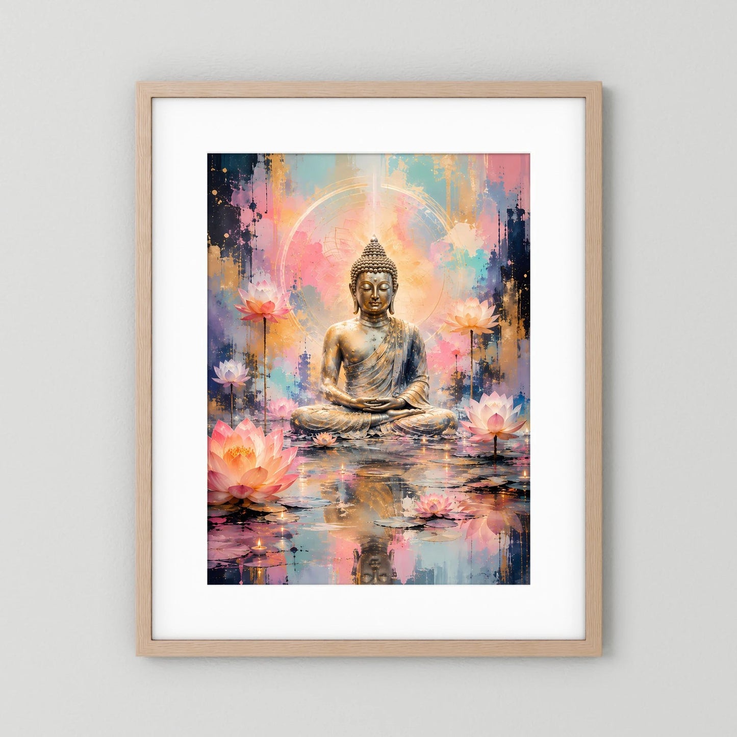 Poster: meditierender Buddha, goldene Statue mit Lotusblüten im hellen Holzrahmen mit weißem Rand