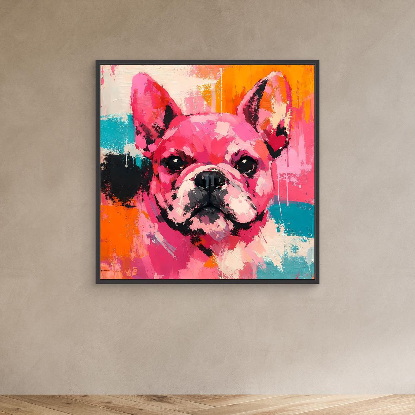 Abstract French bulldog painting with black frame, colorful pink face and teal splash details