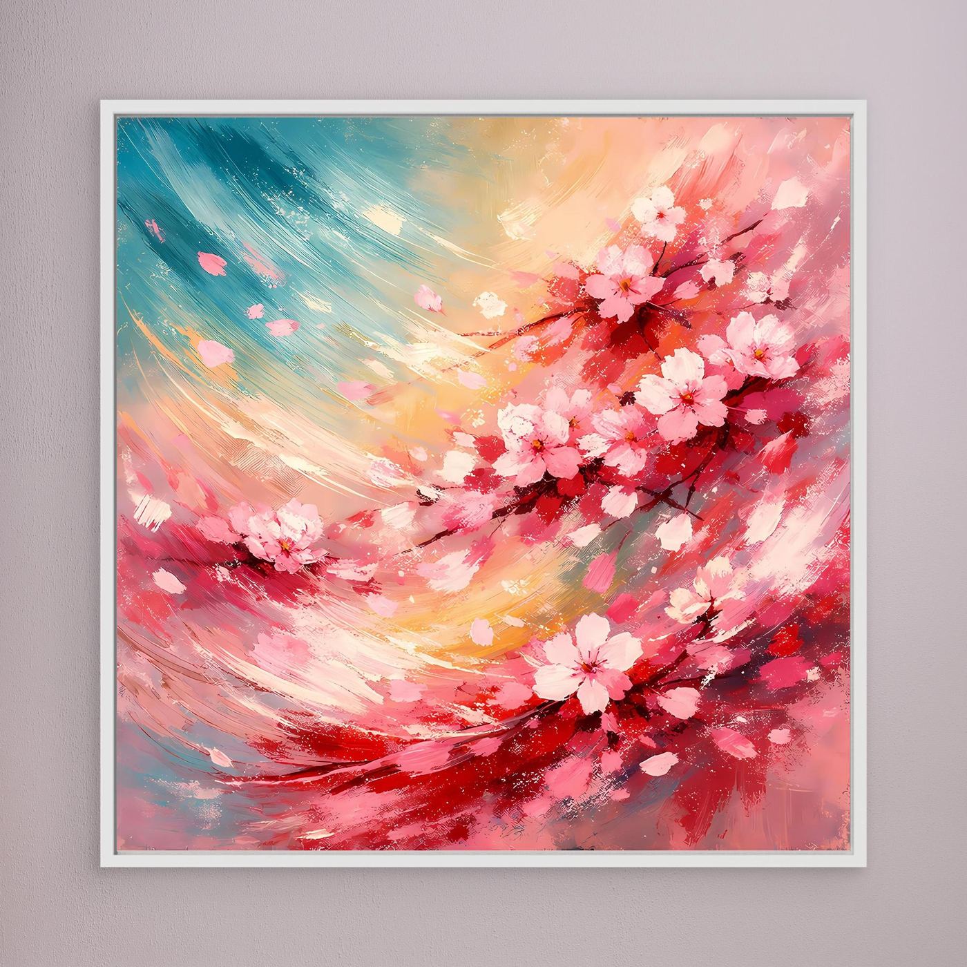 Leinwandbild mit abstrakten Kirschblüten in Pink, Gelb und Blau, weiß gerahmt