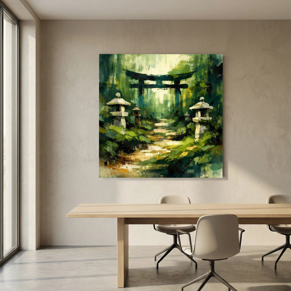 Leinwandbild mit Torii-Tor über Pfad, grüner Farbstruktur und Steinlaternen