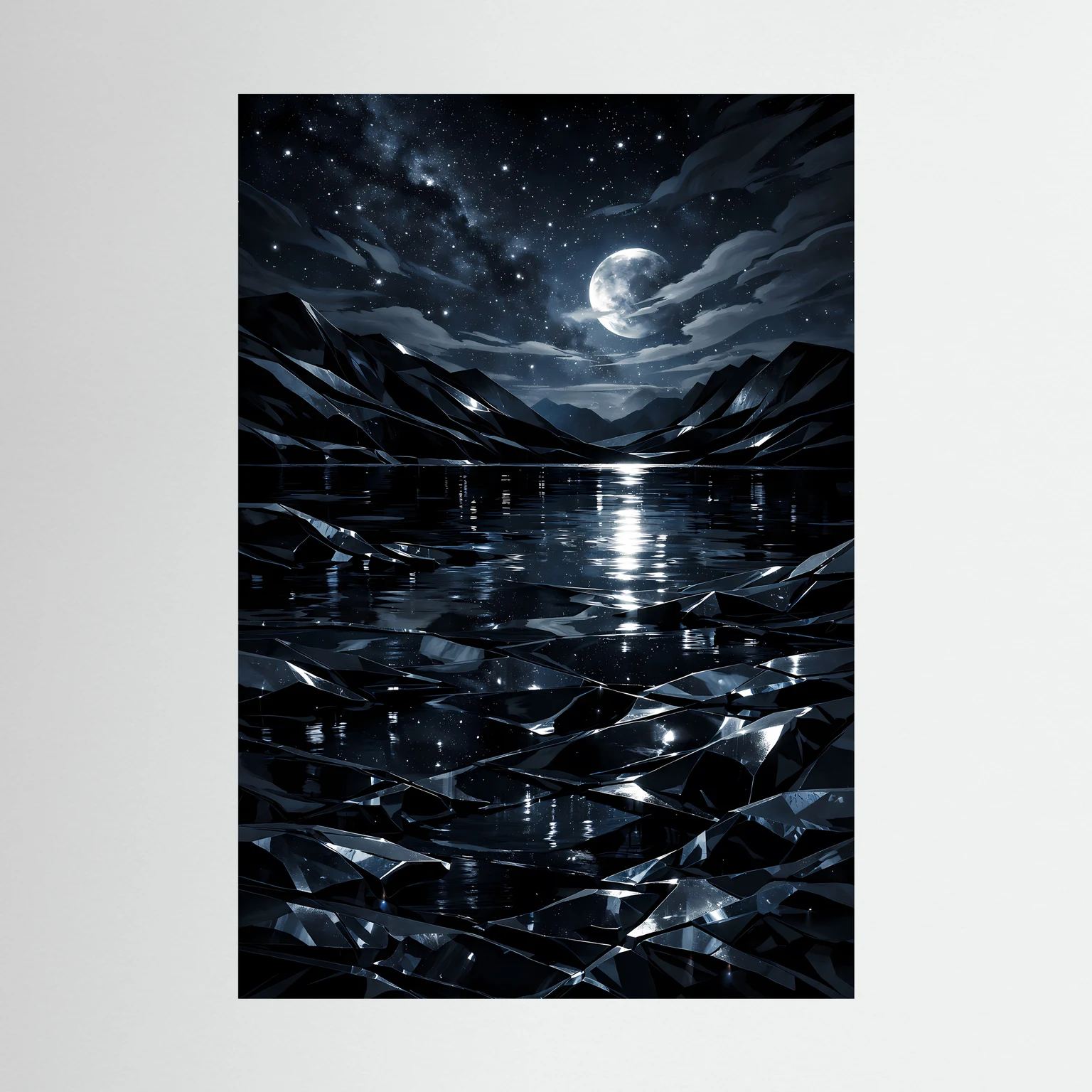 Wandposter: dunkler Bergsee mit Mond und Sternenhimmel, klarer Kontrast in Schwarzblau