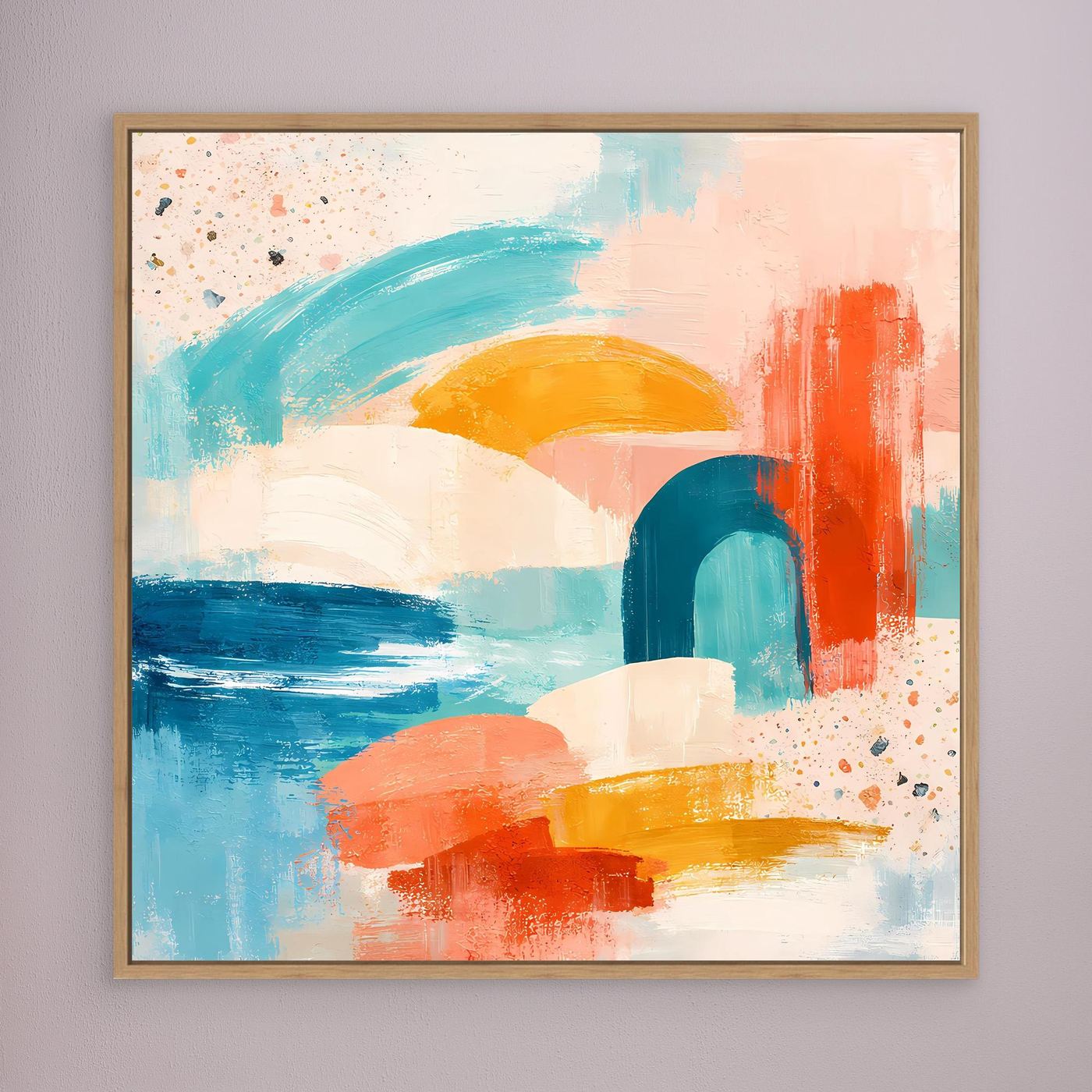 Oak-framed abstract pastel canvas with teal, coral, blue, and yellow brushstrokes and blocks.