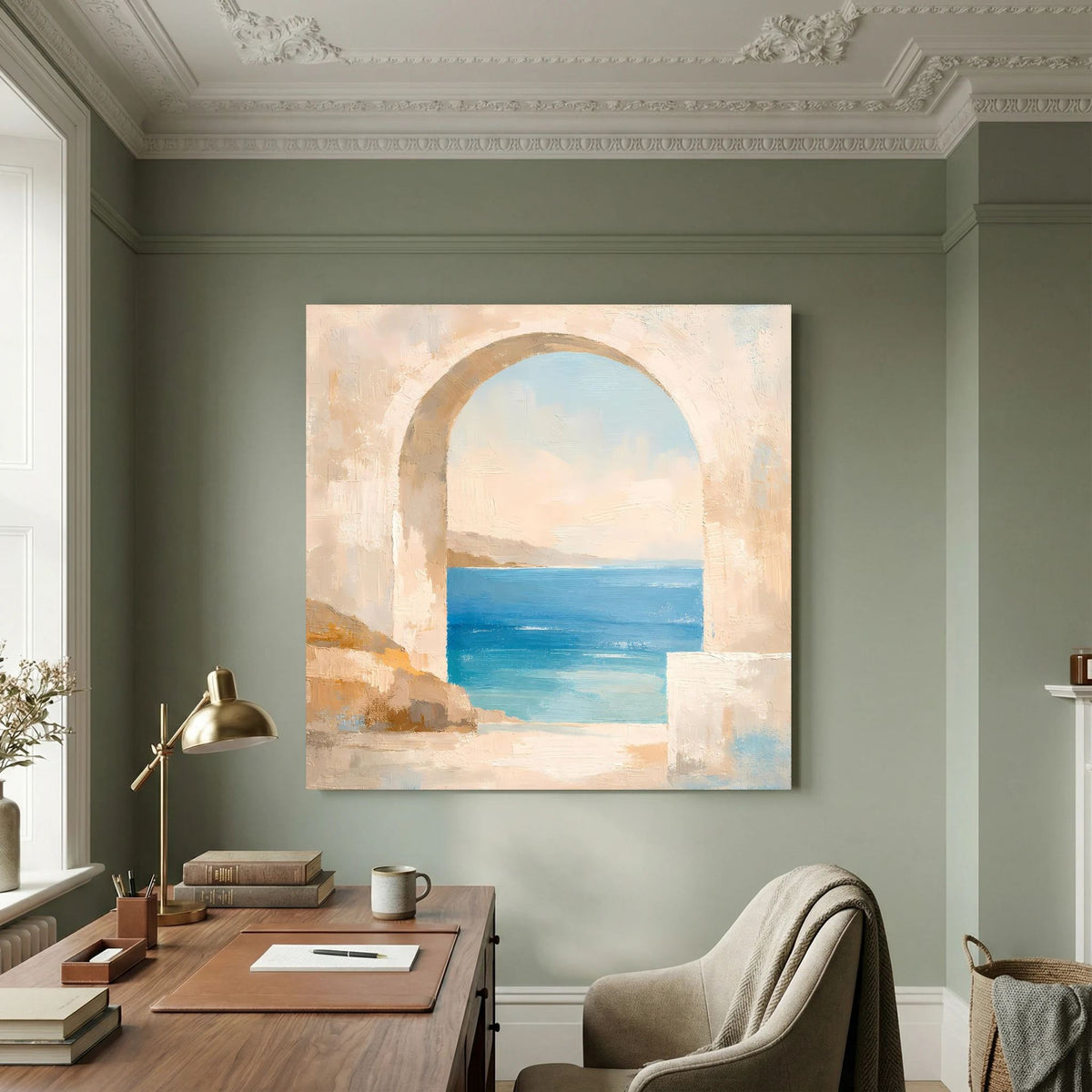 Leinwandbild mit mediterranem Torbogen und abstraktem Meerblick in Blau und Beige