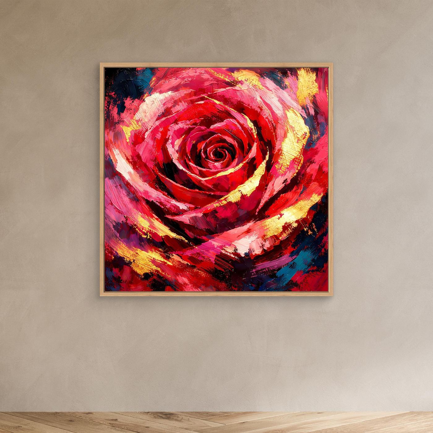 Leinwandbild mit abstrakter Rose, rot und gelb, mit hellem Holzrahmen