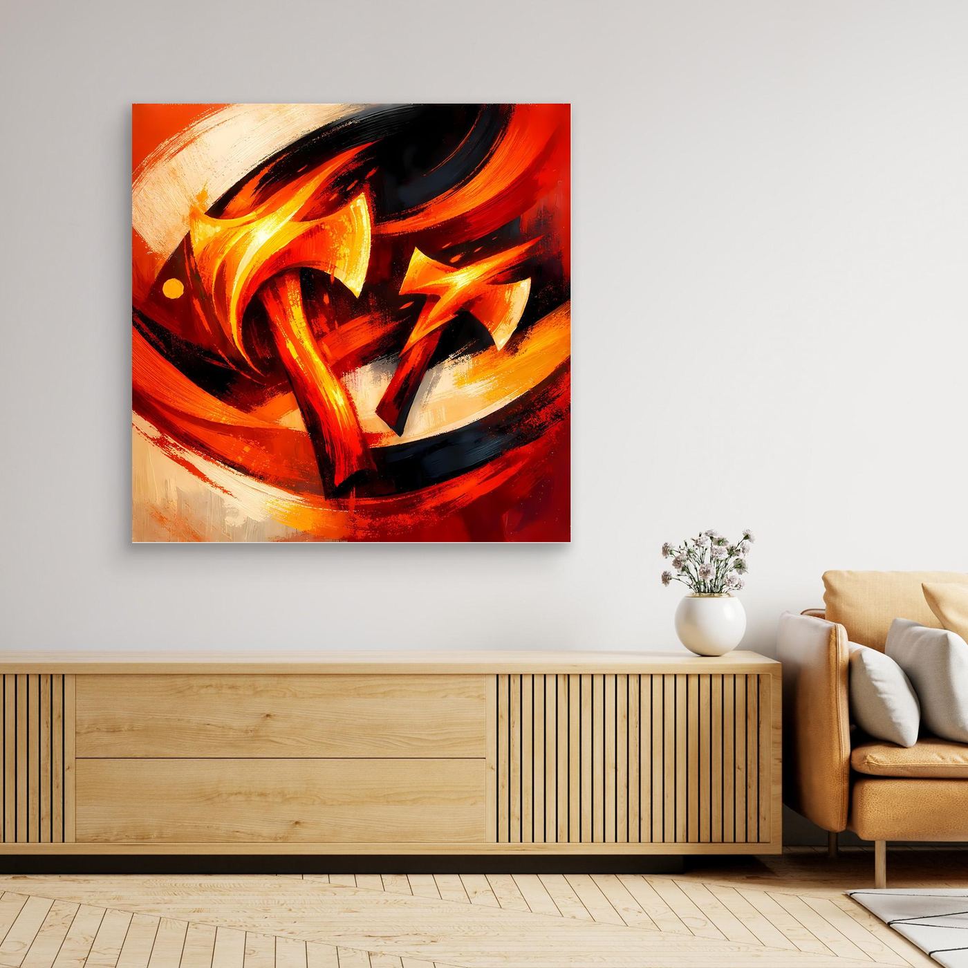 Gerahmtes Leinwandbild mit abstrakter Wikinger-Axt, rot-orange Feuer und schwarze Kontraste