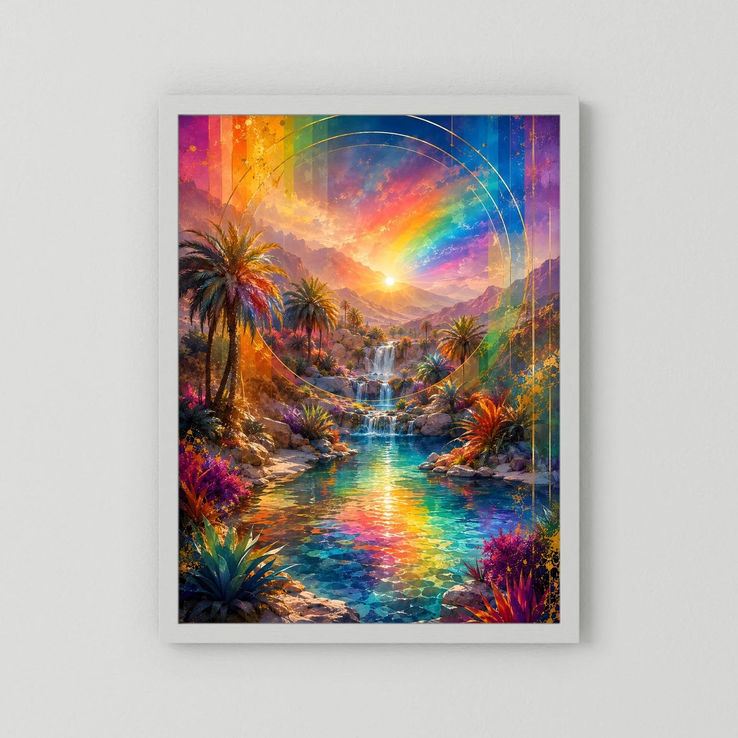 Hochformat-Poster mit Regenbogen, Palmen und Wasserfall, ohne Rahmen