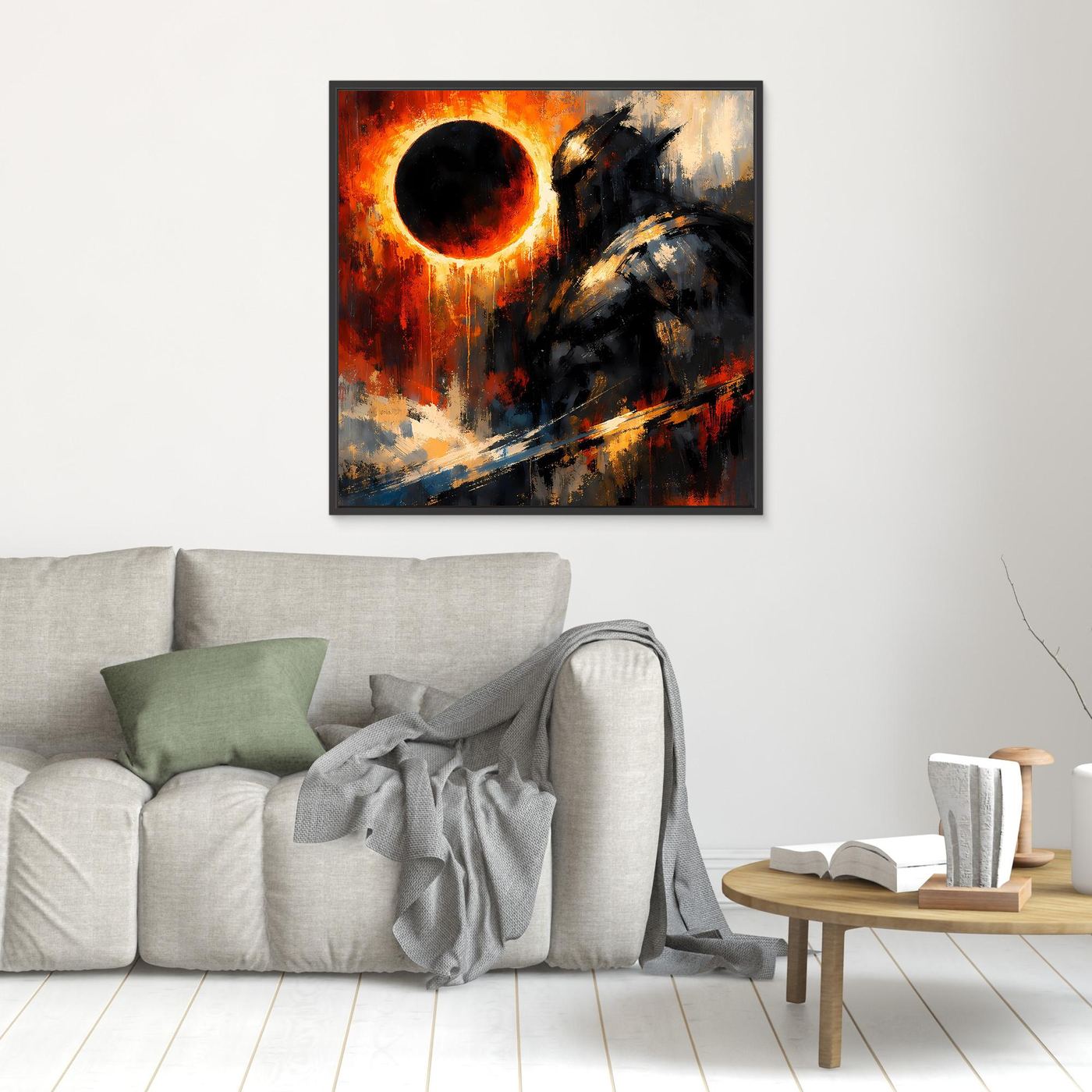 Wandbild Leinwand: kosmischer Ritter, leuchtende Eklipse-Sonne, schwarzer Rahmen