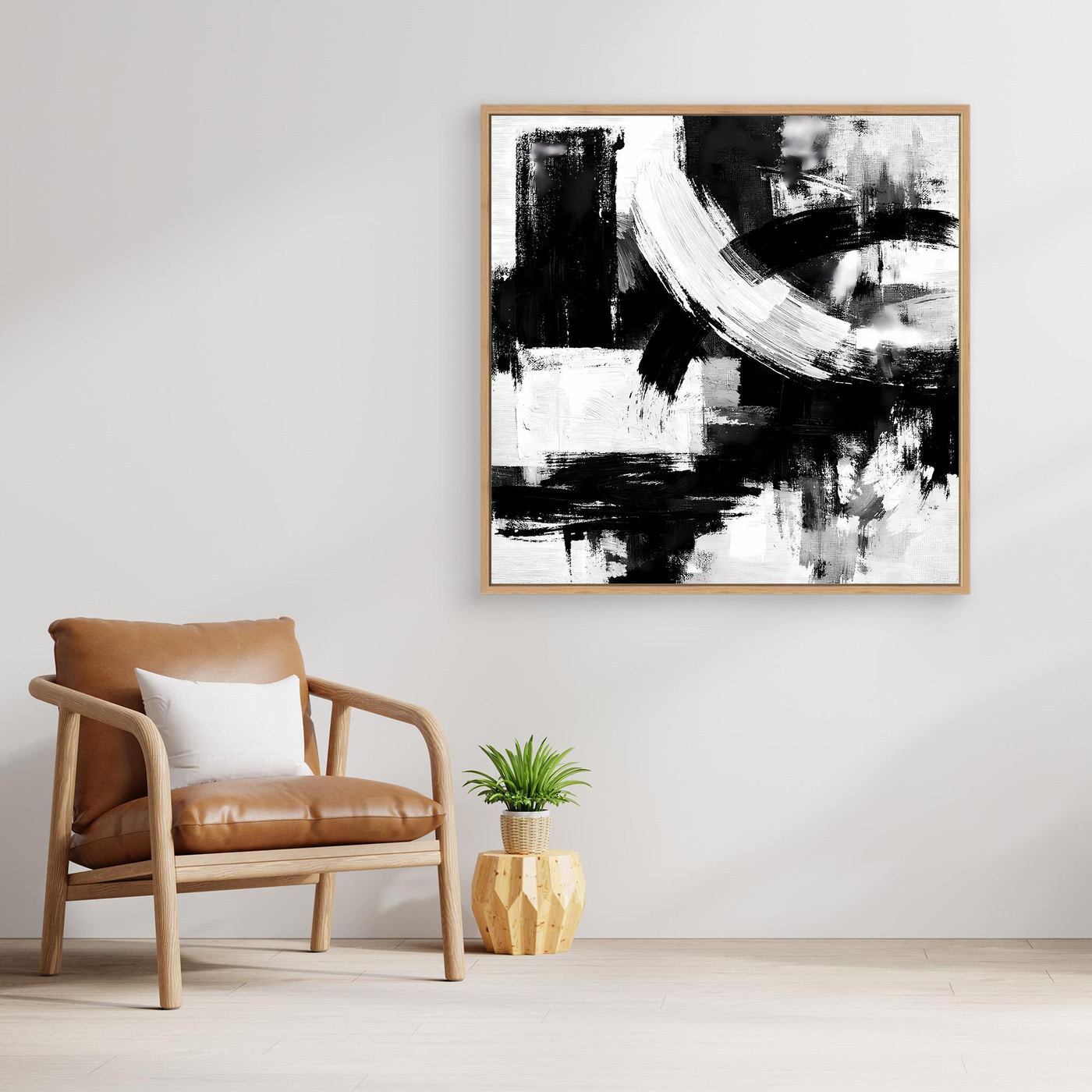 Square abstract canvas wall art with black-and-white brushstrokes, wood frame