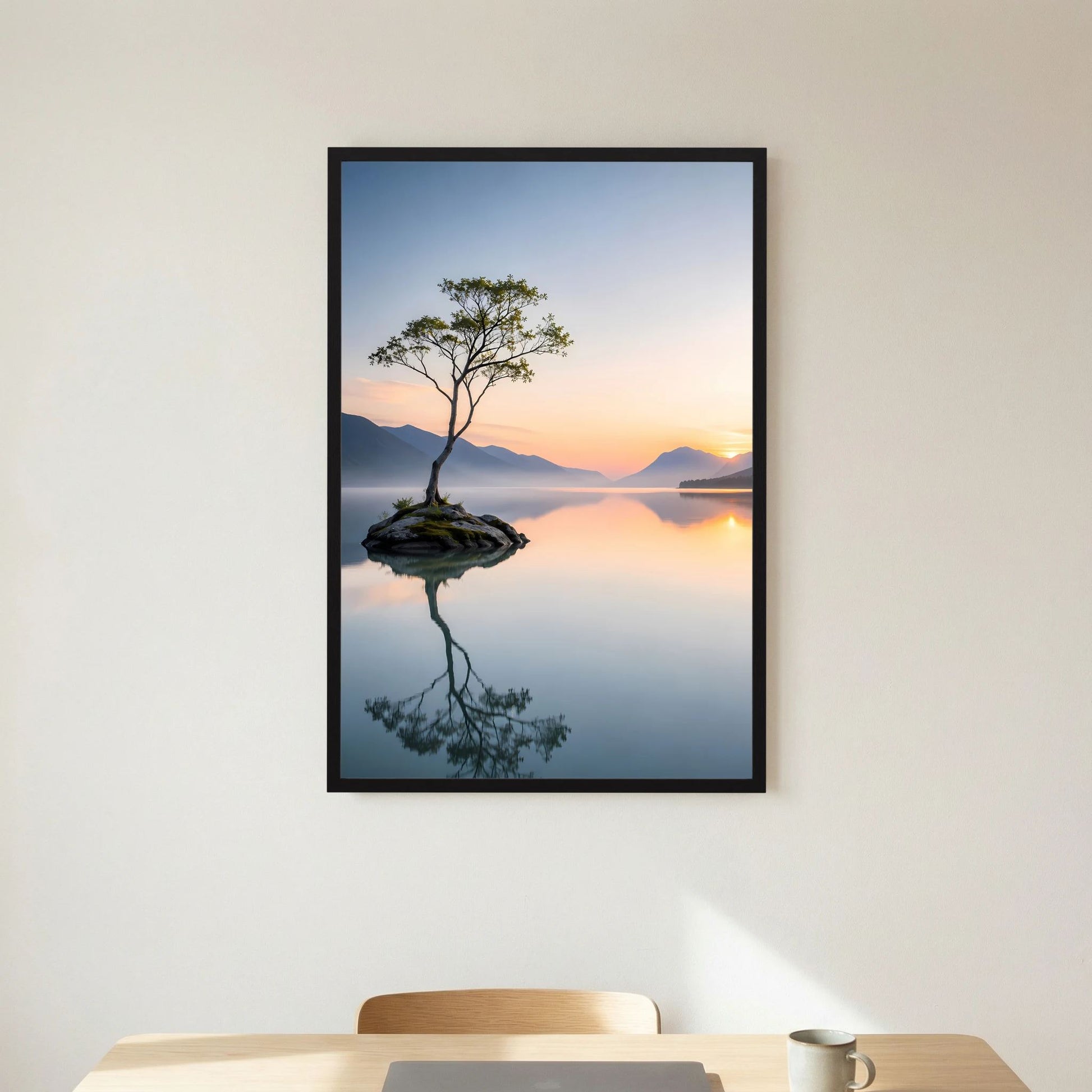Poster im Hochformat mit einsamem Baum auf Felsen, im schwarzem Rahmen, sanfter Sonnenuntergang