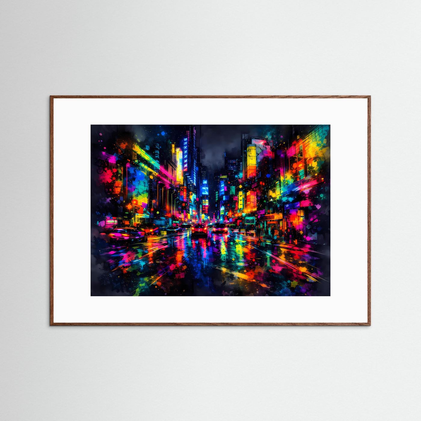 Gerahmtes Poster mit Neon-Skyline einer Großstadt bei Nacht, Querformat, dunkelbrauner Holzrahmen.