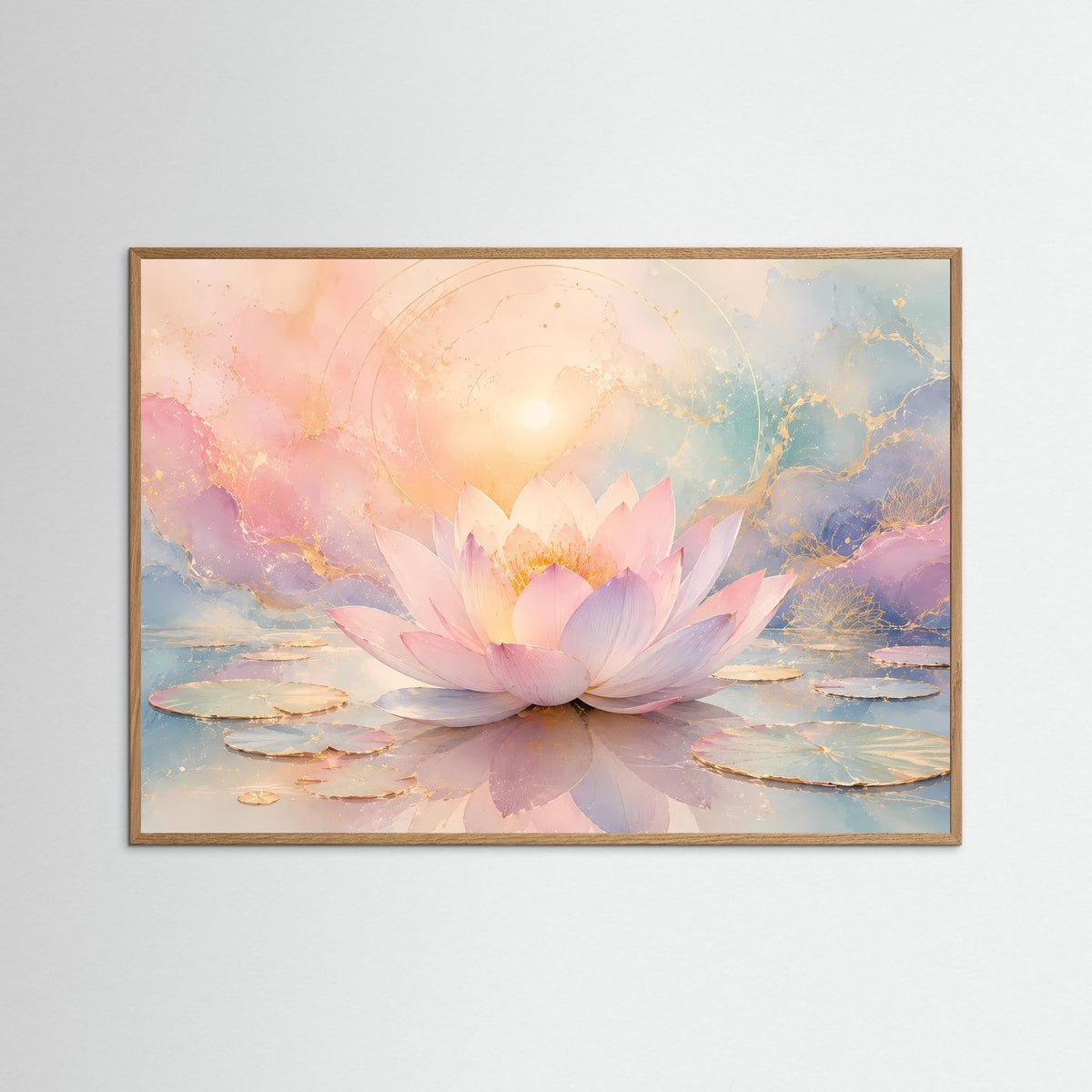 Lotusblüten-Wandbild mit Seerose in Pastell, in hellem Holzrahmen