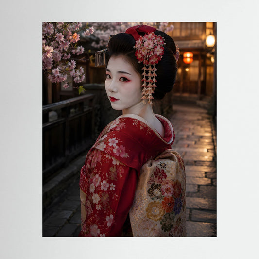 Hochformatiges Poster mit japanischer Geisha im roten Kimono und Haarschmuck