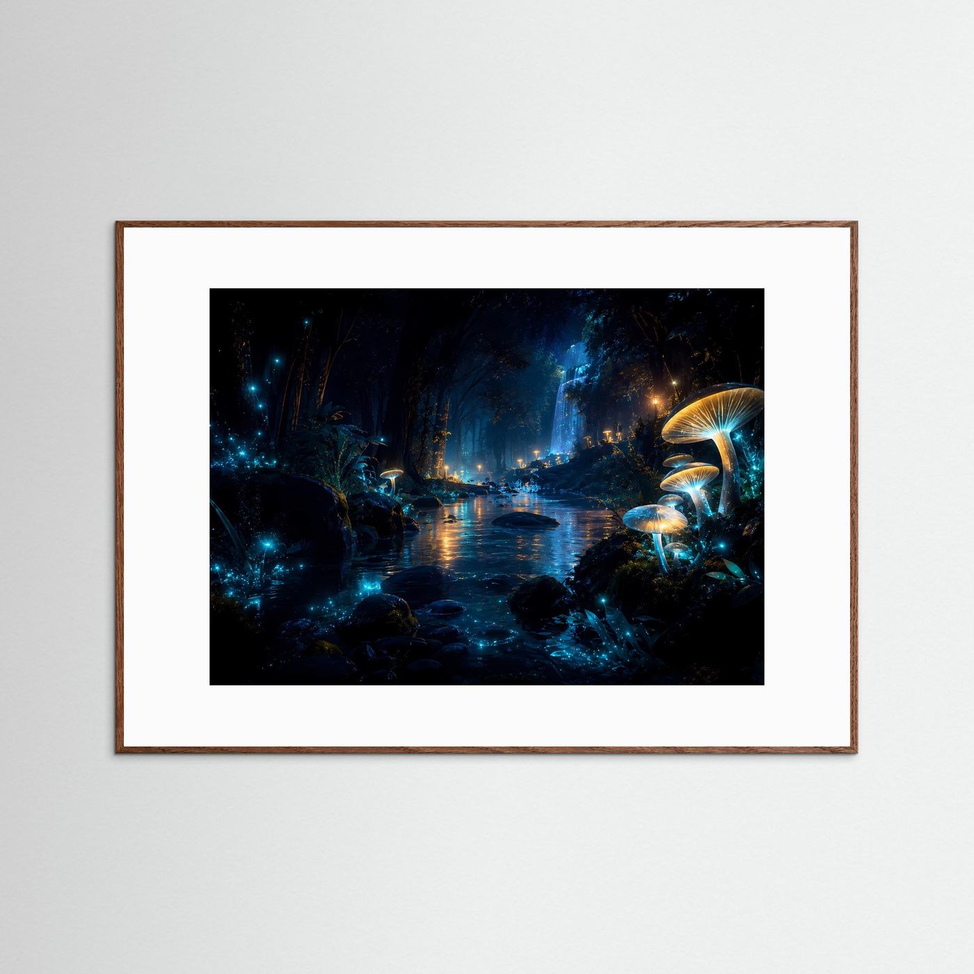 Magischer Nachtwald mit leuchtenden Pilzen | Mystischer Wasserfall in Blau & Gold