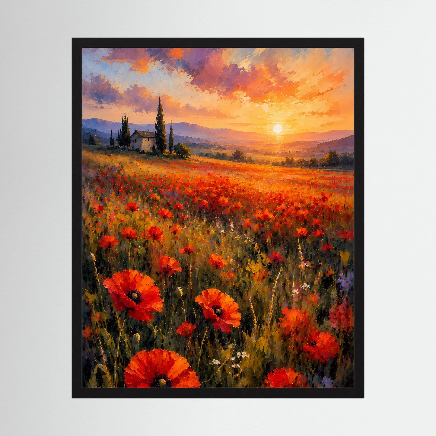 Poster im schwarzen Rahmen mit Mohnfeld und untergehender Sonne in Rot-Orange