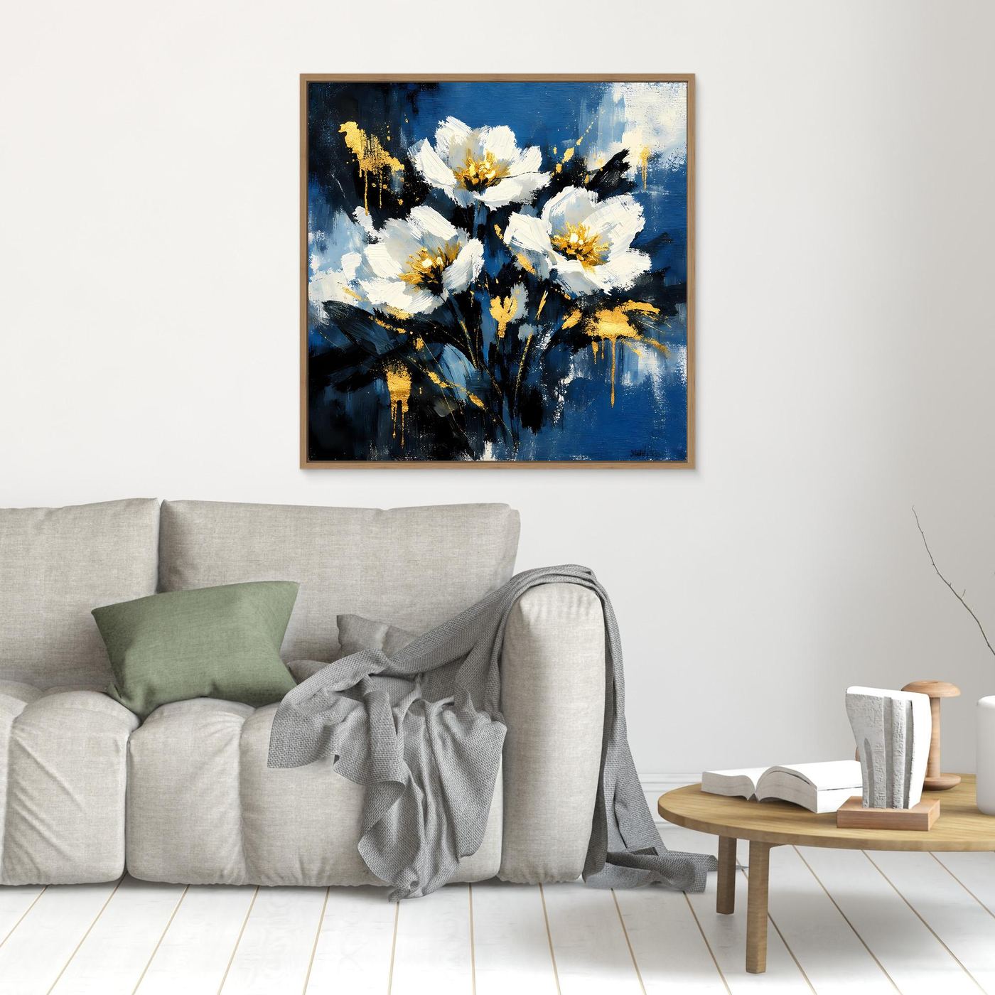Blüten-Leinwandbild mit weißen und goldenen Blüten auf blau-schwarzem Hintergrund, braun gerahmt