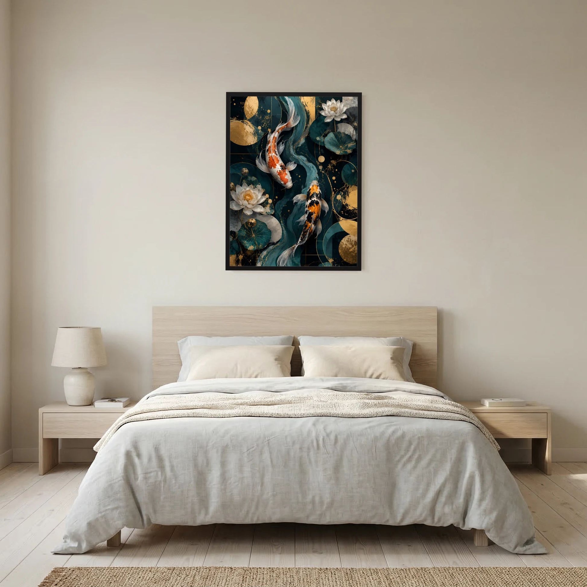 Gerahmtes Poster im Hochformat: Koi-Fische und Lotusblüten in Petrol & Gold