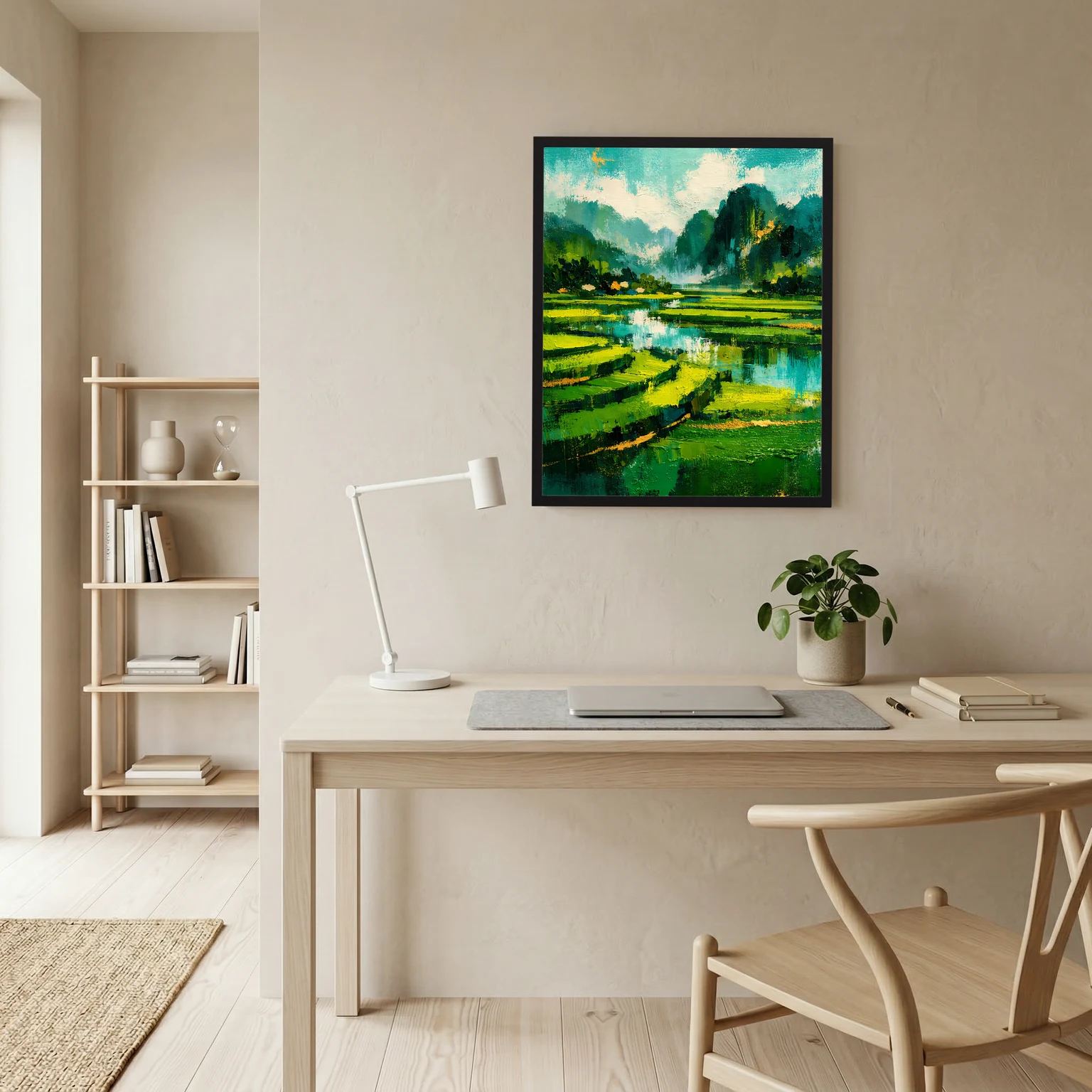 Grünes Landschafts-Poster mit Fluss und Wiesen, gerahmt