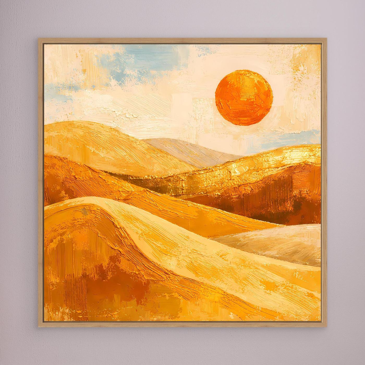 Wandbild mit abstrakten goldenen Dünen und orangefarbener Sonne, Holzrahmen