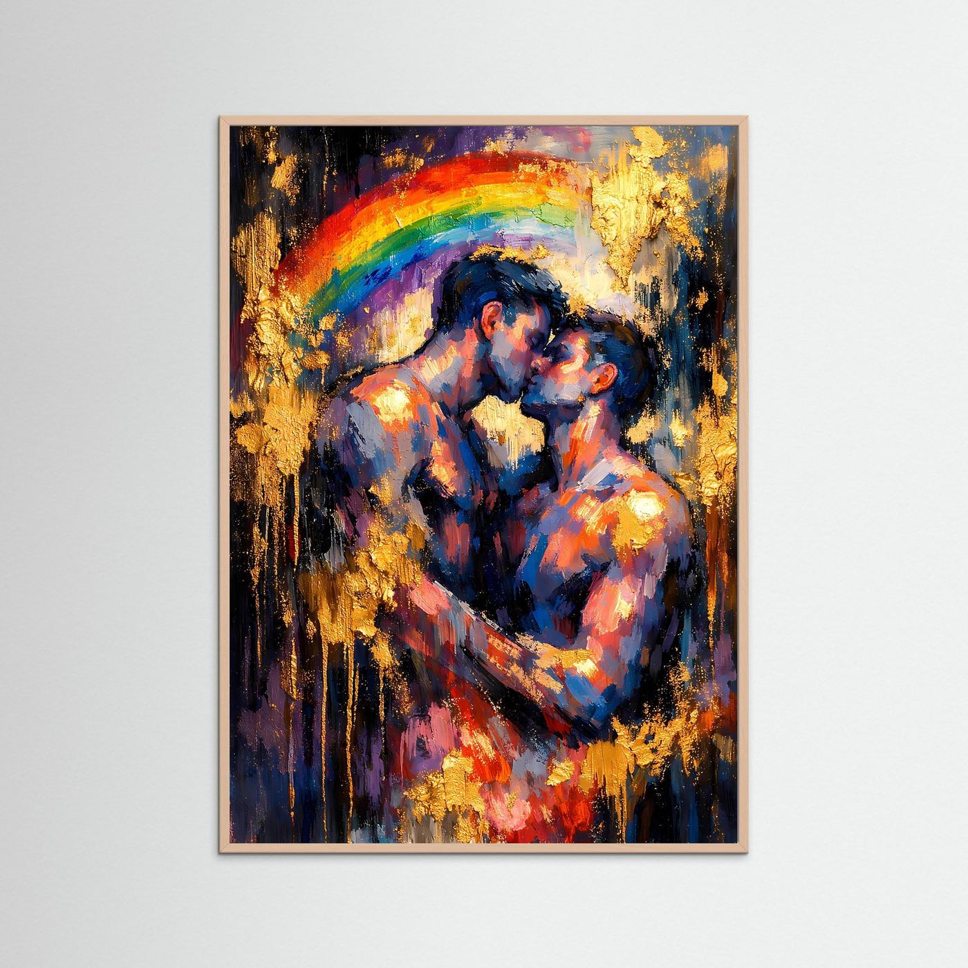 Pride-Poster im Hochformat mit Regenbogen und goldener Farbe, Rosenholz gerahmt