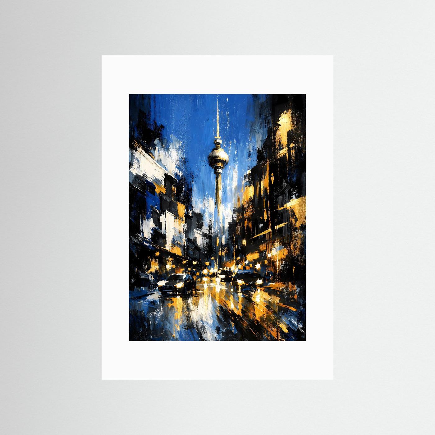 Hochformatiges Poster mit weißem Rand: abstraktes Stadtbild und beleuchteter Fernsehturm