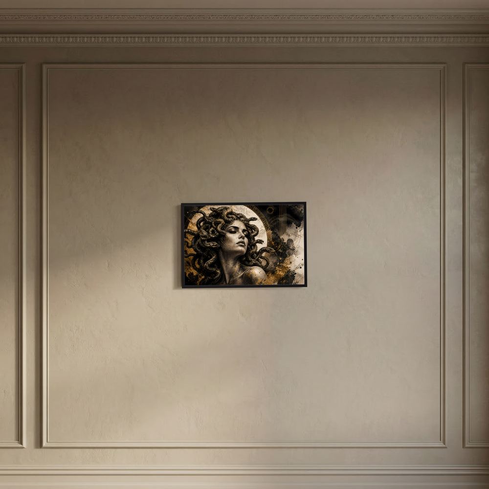 Wandbild mit Medusa-Motiv: Gesicht mit Schlangenhaar, goldene Details auf dunklem Grund, klein