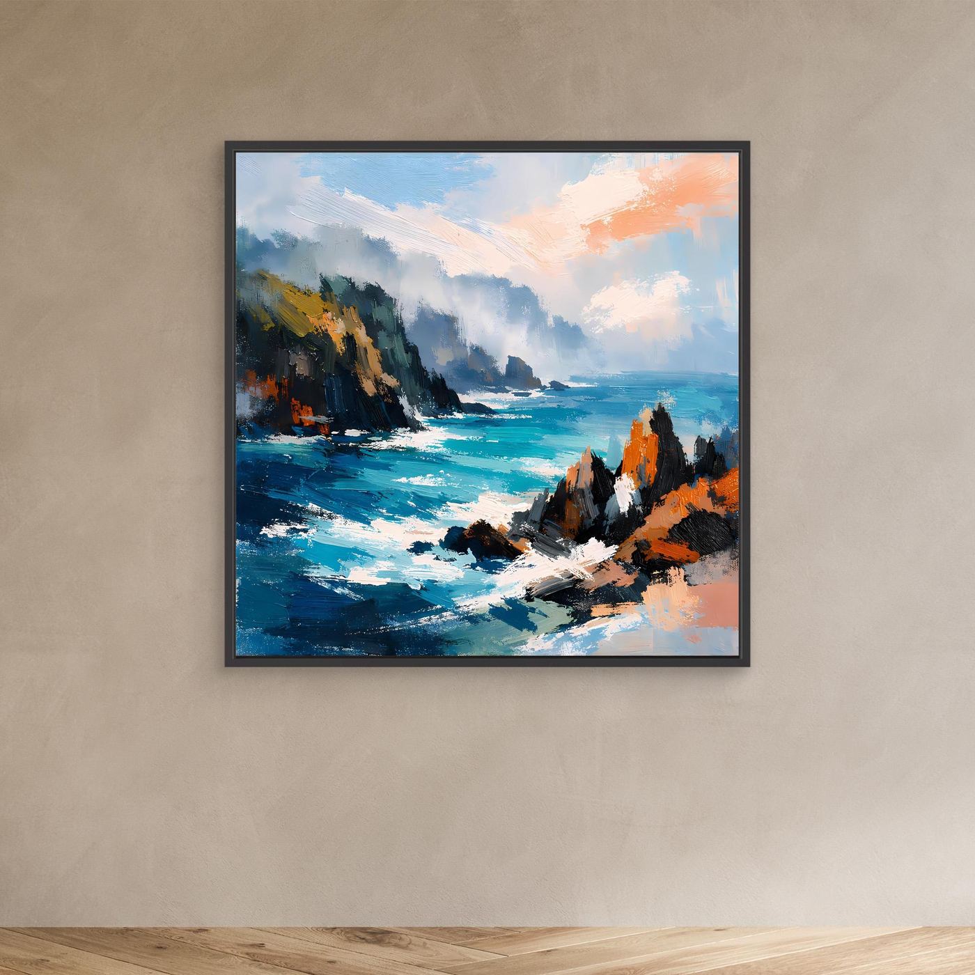 Leinwand-Wandbild mit abstrakter Küste, Meer und Felsen im schwarzen Rahmen