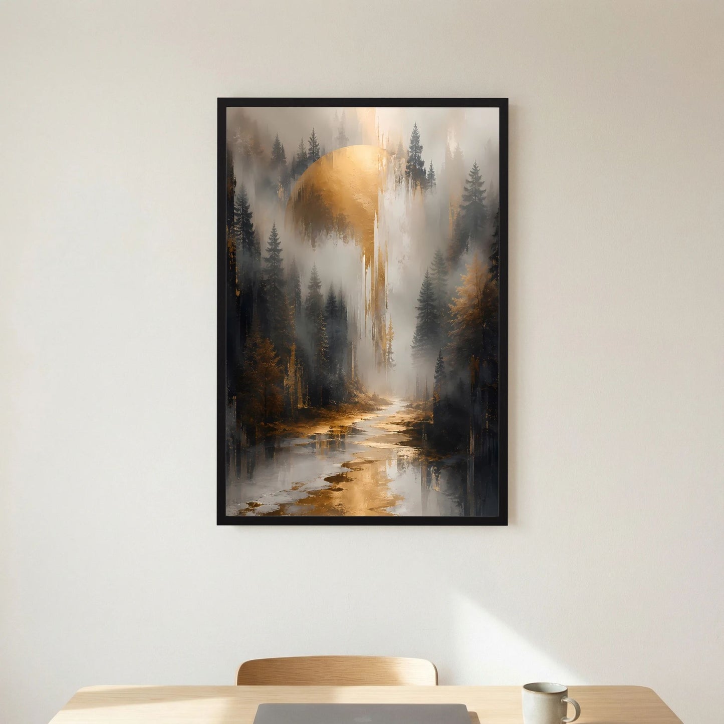 Hochformat-Poster im schwarzen Rahmen, Waldlandschaft mit Wasserweg und goldener Sonne