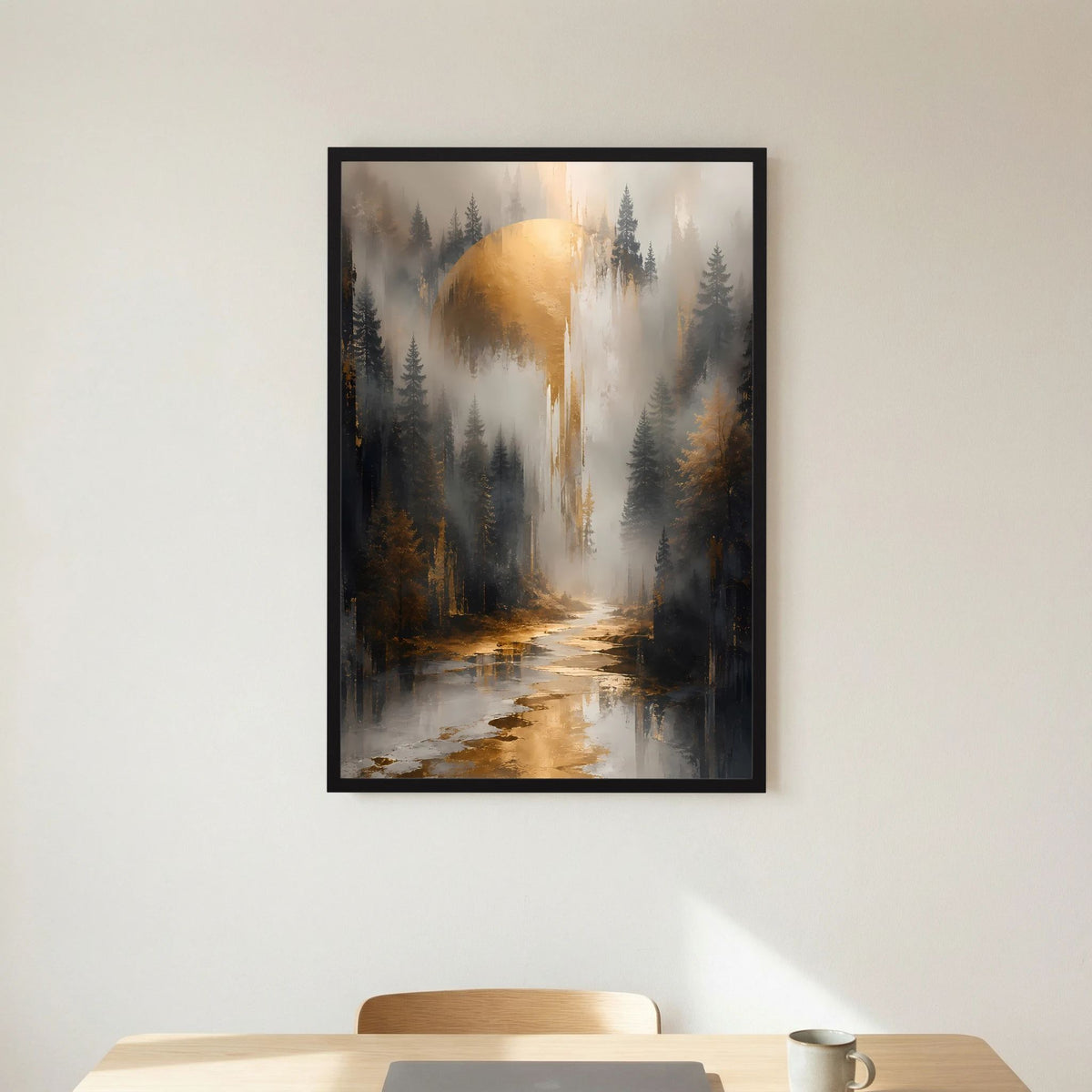 Hochformat-Poster im schwarzen Rahmen, Waldlandschaft mit Wasserweg und goldener Sonne